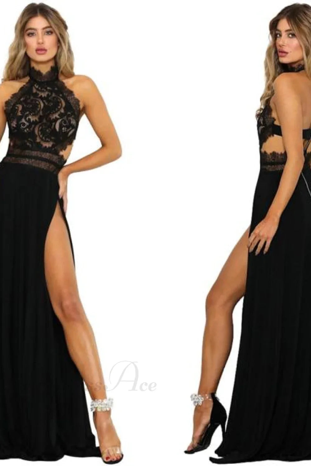 lady's Sexy See-Through lace Nude Back High Slit Dress image 7