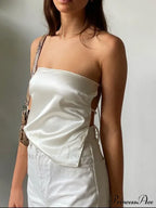 Satin Backless Crop Women Green Summer Cami Bandage Sleeveless Strapless Off Shoulder Tank top image 5