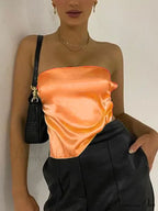 Satin Backless Crop Women Green Summer Cami Bandage Sleeveless Strapless Off Shoulder Tank top image 1