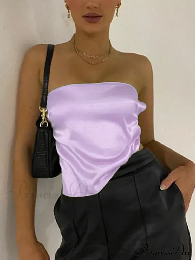 Satin Backless Crop Women Green Summer Cami Bandage Sleeveless Strapless Off Shoulder Tank top image 3