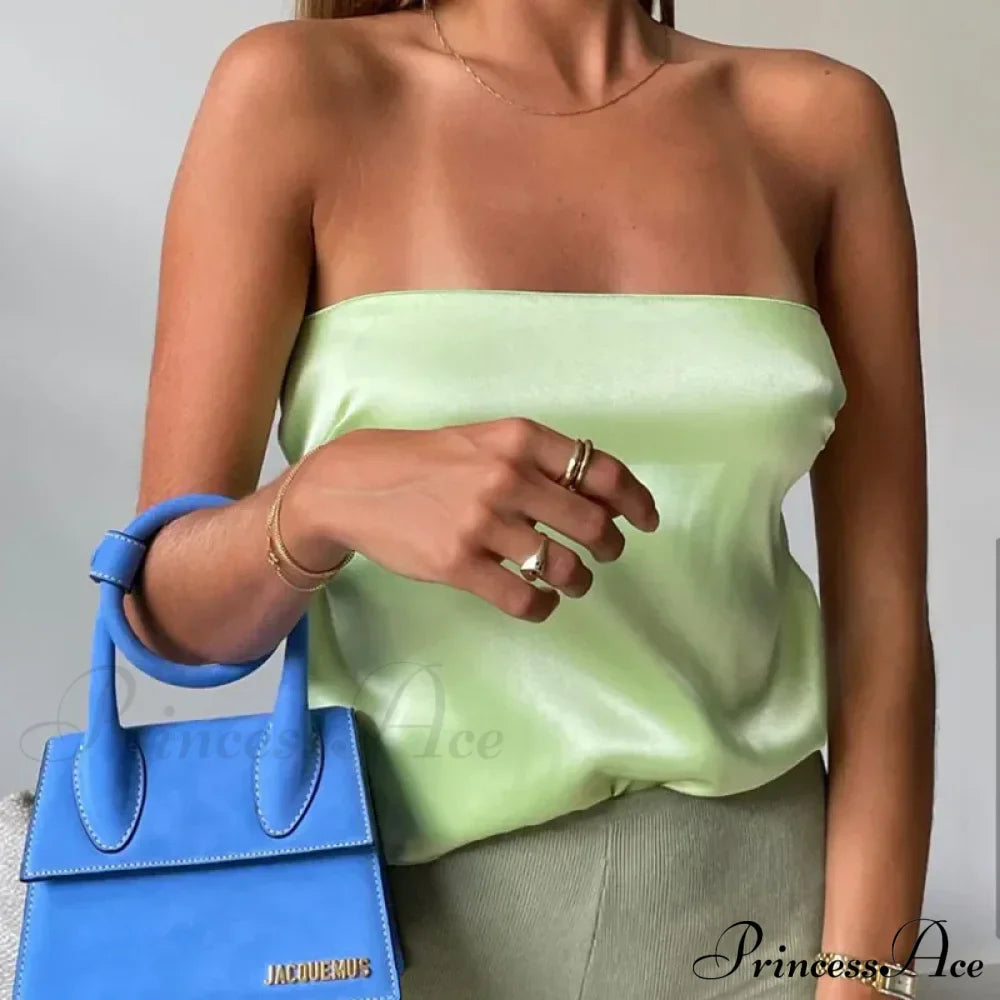 Satin Backless Crop Women Green Summer Cami Bandage Sleeveless Strapless Off Shoulder Tank top image 7