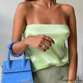 Satin Backless Crop Women Green Summer Cami Bandage Sleeveless Strapless Off Shoulder Tank top image 7