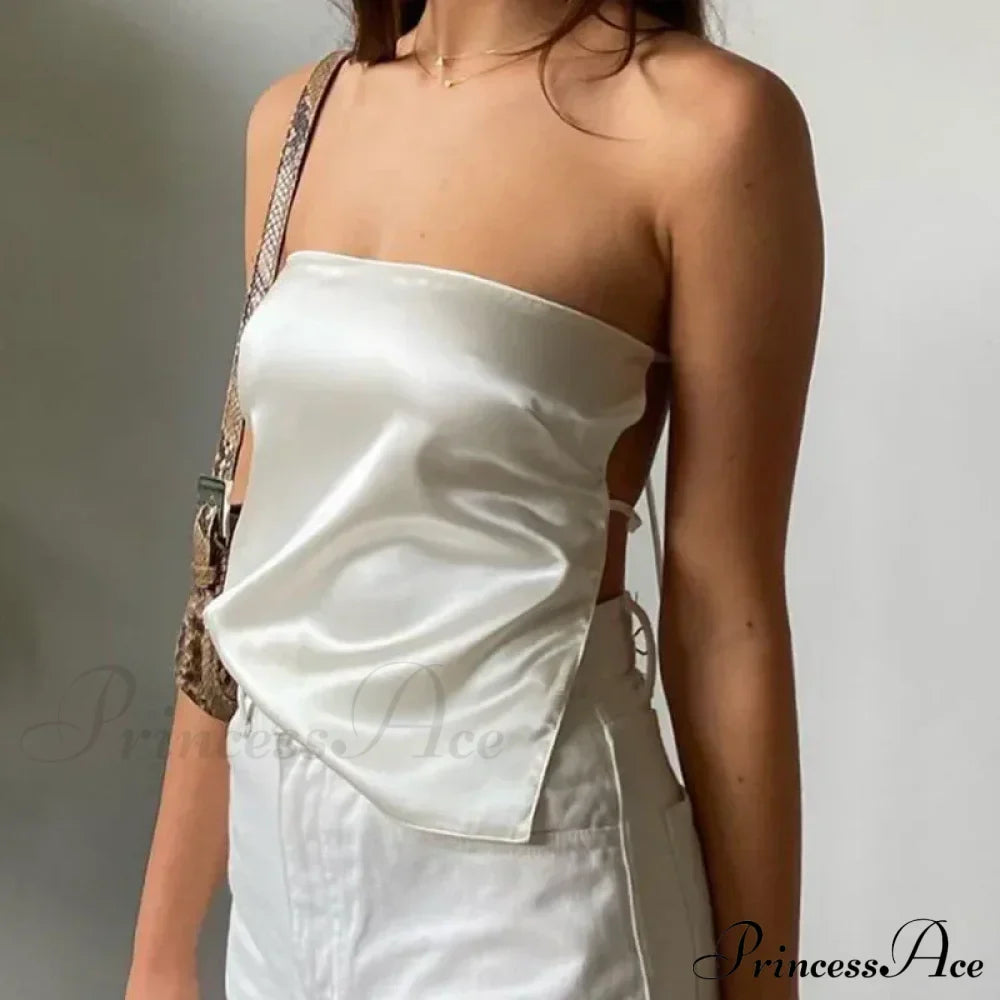Satin Backless Crop Women Green Summer Cami Bandage Sleeveless Strapless Off Shoulder Tank top image 10