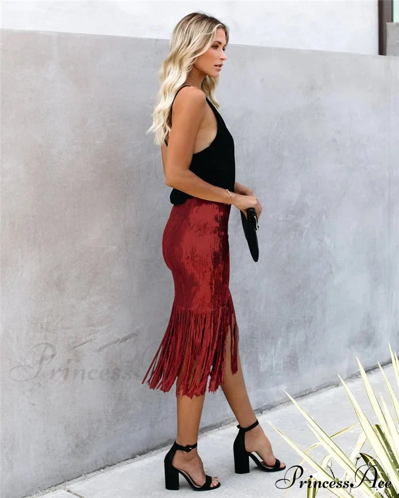 Sequin Tassel Tight Midi Skirt image 19