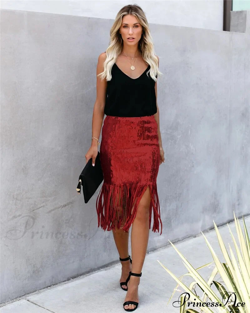 Sequin Tassel Tight Midi Skirt image 3