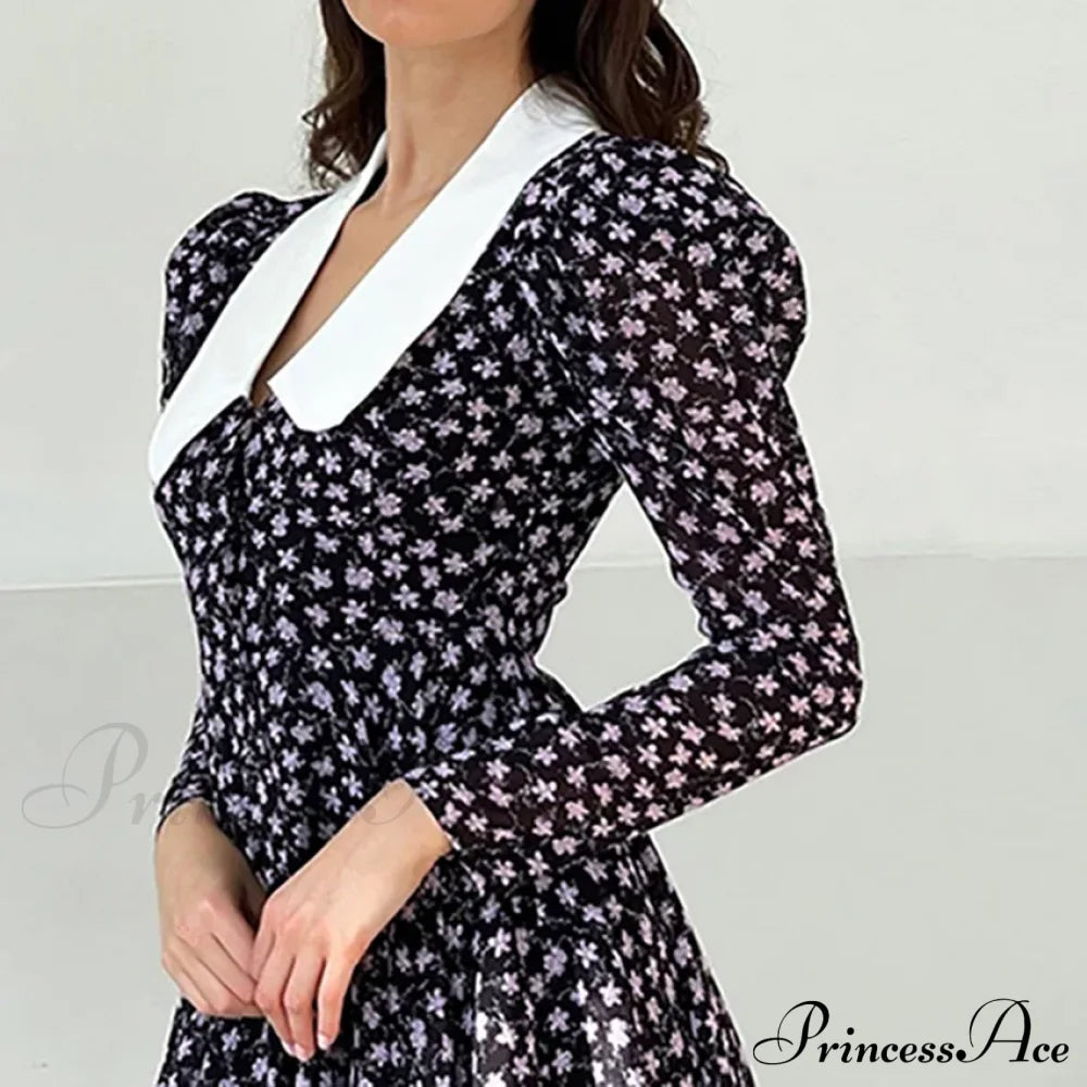 Spring French Puff Sleeve Women's Doll Collar Waist Long Sleeve A-Link Skirt Summer Floral Dress image 4