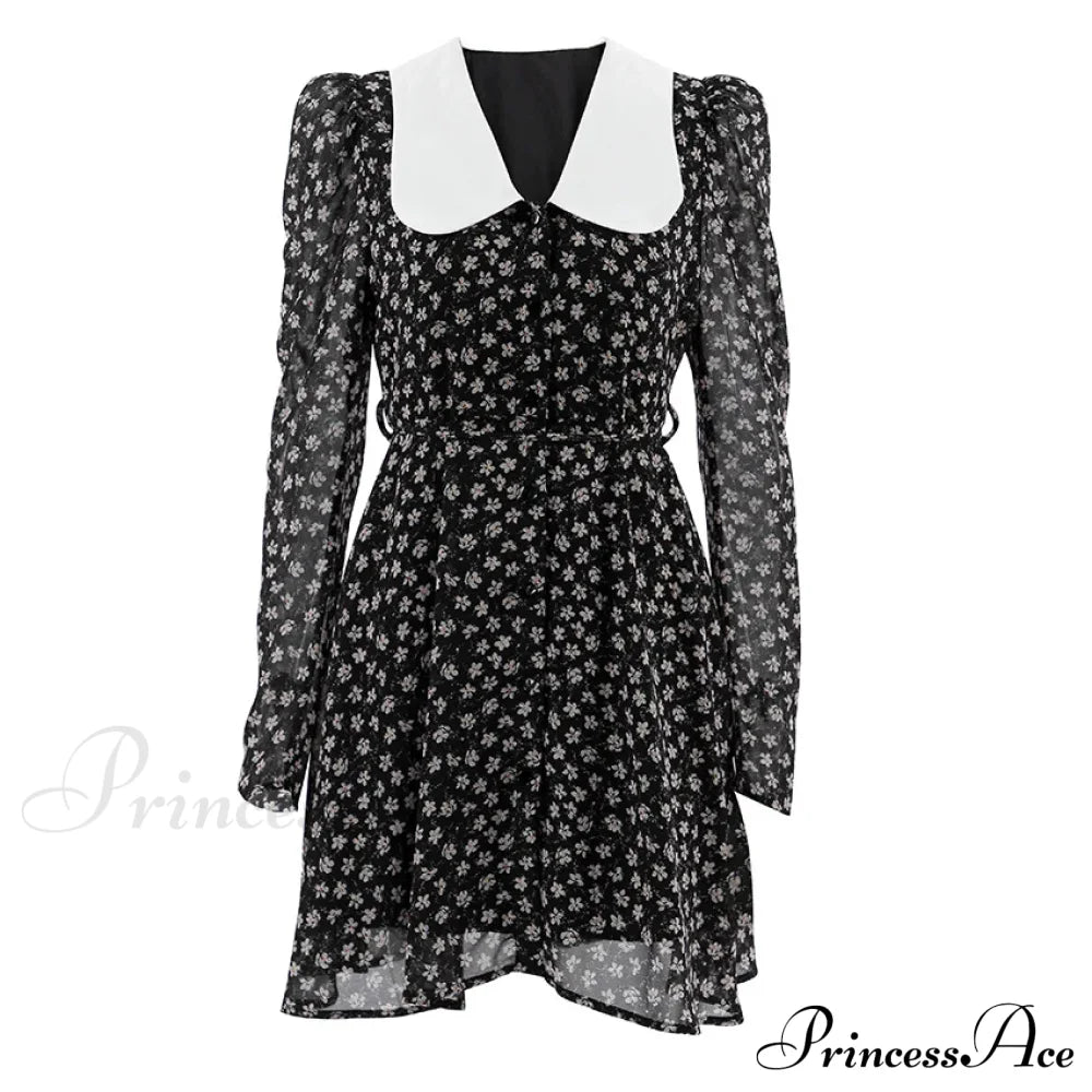 Spring French Puff Sleeve Women's Doll Collar Waist Long Sleeve A-Link Skirt Summer Floral Dress image 5