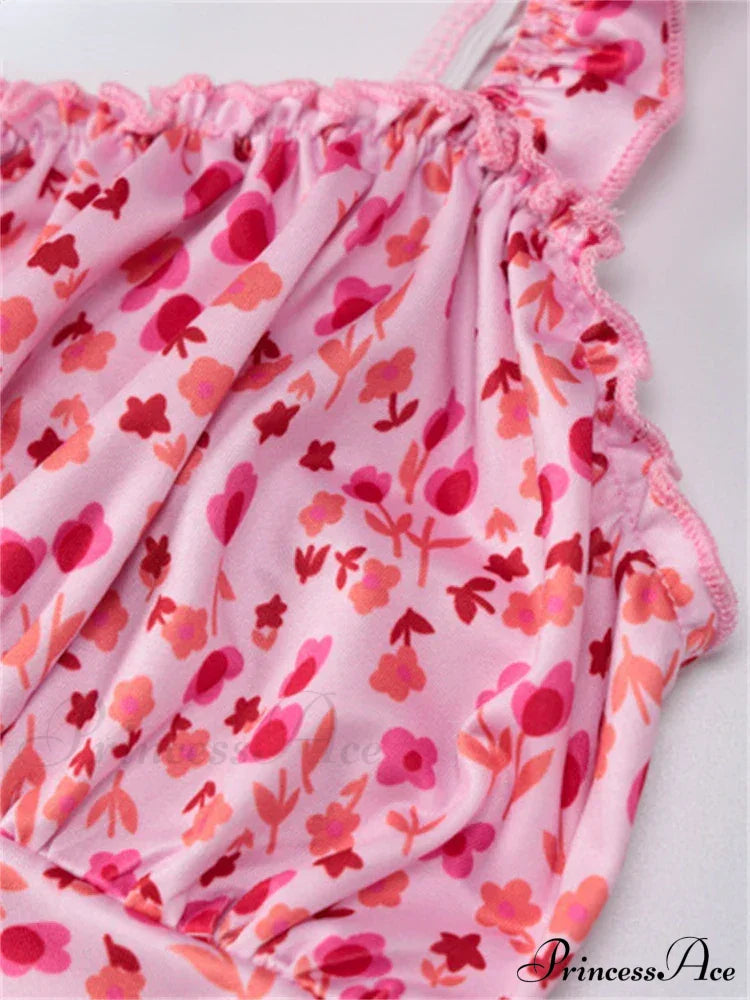 Summer Beach Women's Casual Pink Strap Print Floral Women's Ruched Party Sexy Club Midi Dress image 6