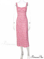 Summer Beach Women's Casual Pink Strap Print Floral Women's Ruched Party Sexy Club Midi Dress image 5