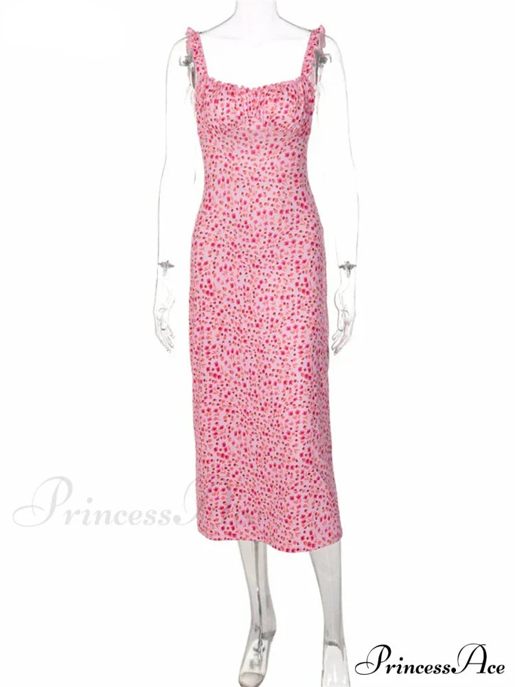 Summer Beach Women's Casual Pink Strap Print Floral Women's Ruched Party Sexy Club Midi Dress image 5