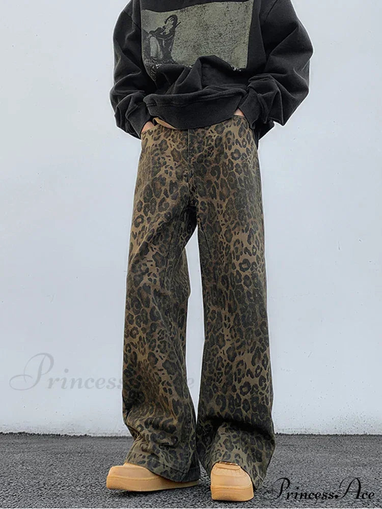 Y2K Leopard Print Wide Leg Women High Waisted Fashion Streetwear Retro Denim Baggy Casual Straight Jean image 2