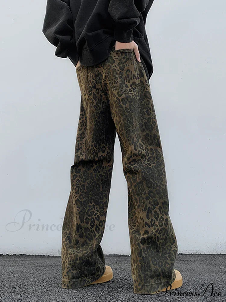 Y2K Leopard Print Wide Leg Women High Waisted Fashion Streetwear Retro Denim Baggy Casual Straight Jean image 3