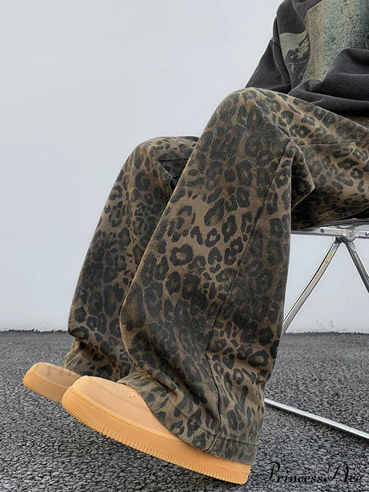 Y2K Leopard Print Wide Leg Women High Waisted Fashion Streetwear Retro Denim Baggy Casual Straight Jean image 5