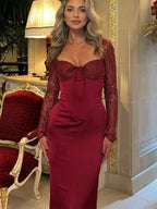 Red Lace Patchwork Split Party Dress image 1
