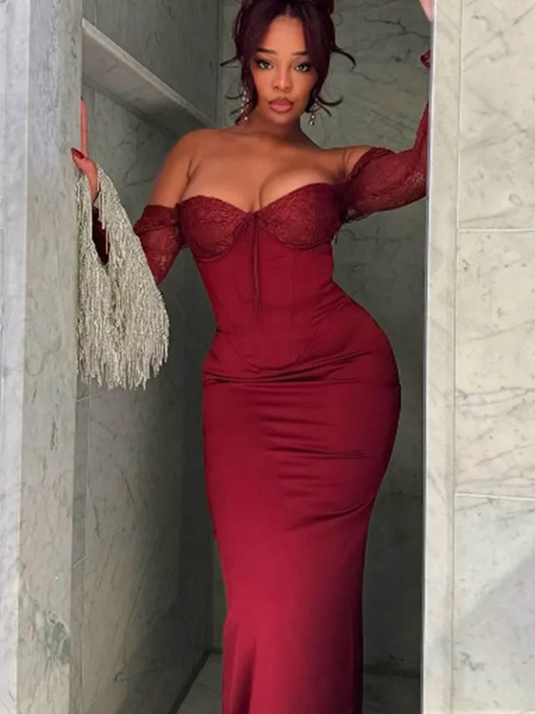 Red Lace Patchwork Split Party Dress image 4