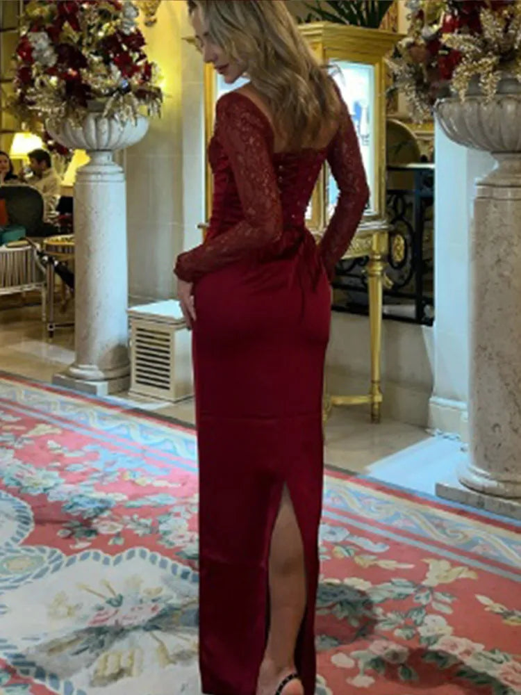 Red Lace Patchwork Split Party Dress image 3