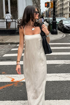 Khaki Linen Cotton Cami Loose Office Maxi Dress image 2