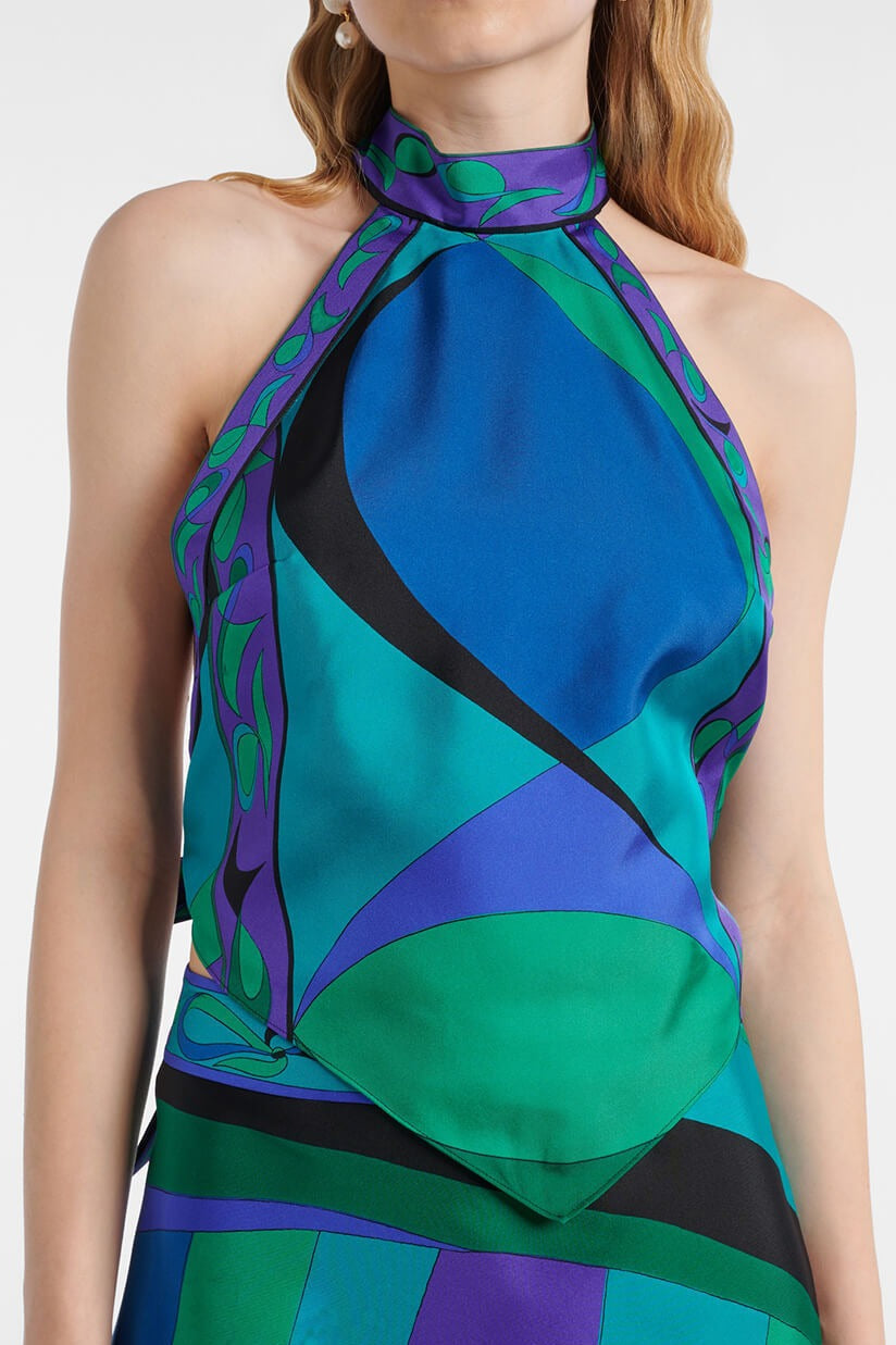 Satin Printed Halter Backless Skirt Set image 7
