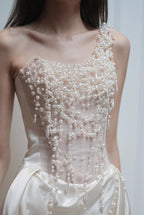 Strapless Satin Heavy Pearl Prom Dress image 5