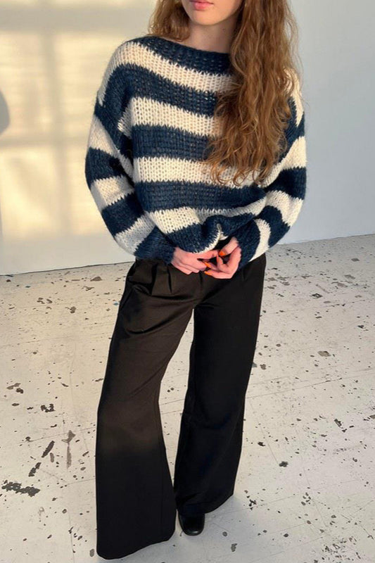 Slouchy Striped Crewneck Loose Long Sleeve Knit Sweater image 2