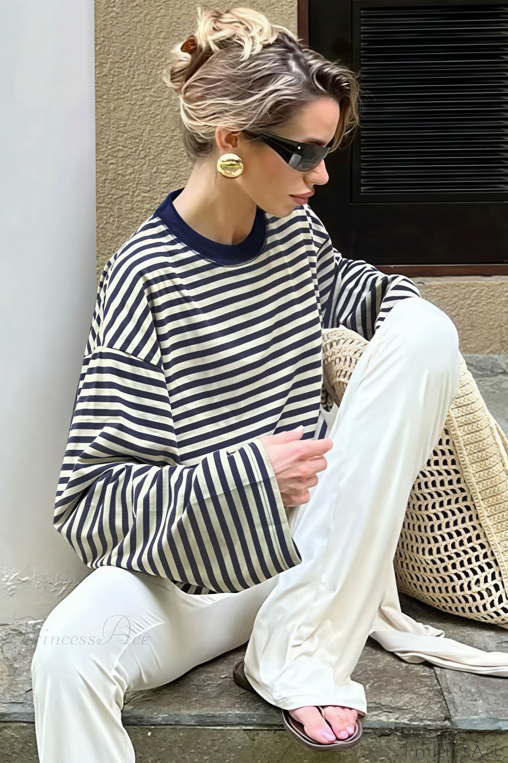 Striped Color Block Crew Neck Loose Long Sleeve Tee image 3