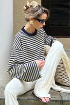 Striped Color Block Crew Neck Loose Long Sleeve Tee image 3