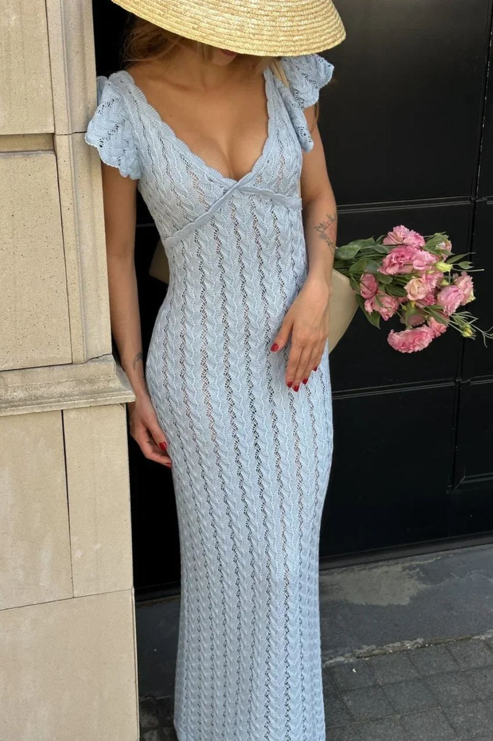 French Ruffle V Neck Knit Pastoral Maxi Dress image 2