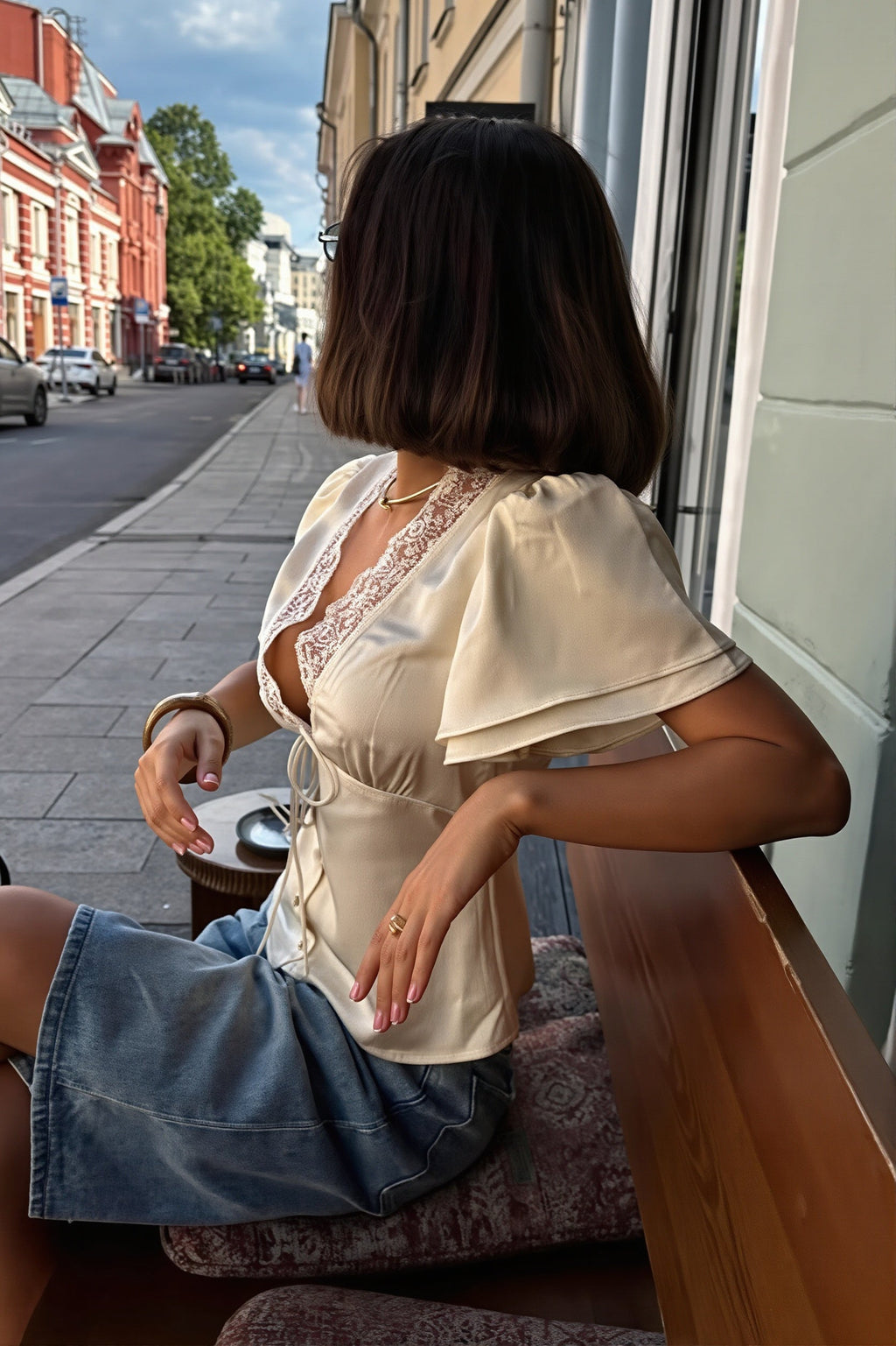Casual Lace Satin Splice Tie Blouse image 5