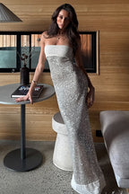 Sexy Strapless Solid Color Slim Fit Long Sequin Prom Dress image 6