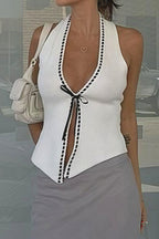 White Knit Hollow Out Tie Halter Top image 5