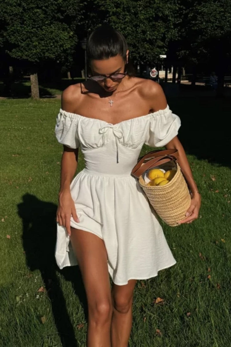 Off Shoulder Puff Sleeve Tie Mini Dress image 3
