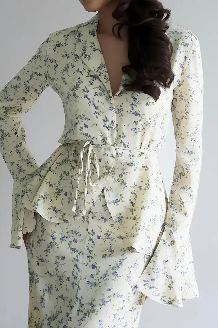 Long Sleeve Small Floral Waist Cinch Top Midi Skirt Two Piece Set image 2