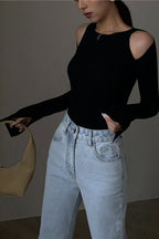 Retro Crew Neck Off-Shoulder Split-Cuff Slim Knit Top image 8