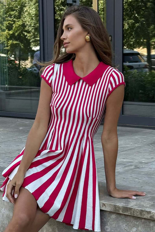 Color Block Vintage Striped Collared Knit A Line Mini Dress image 1