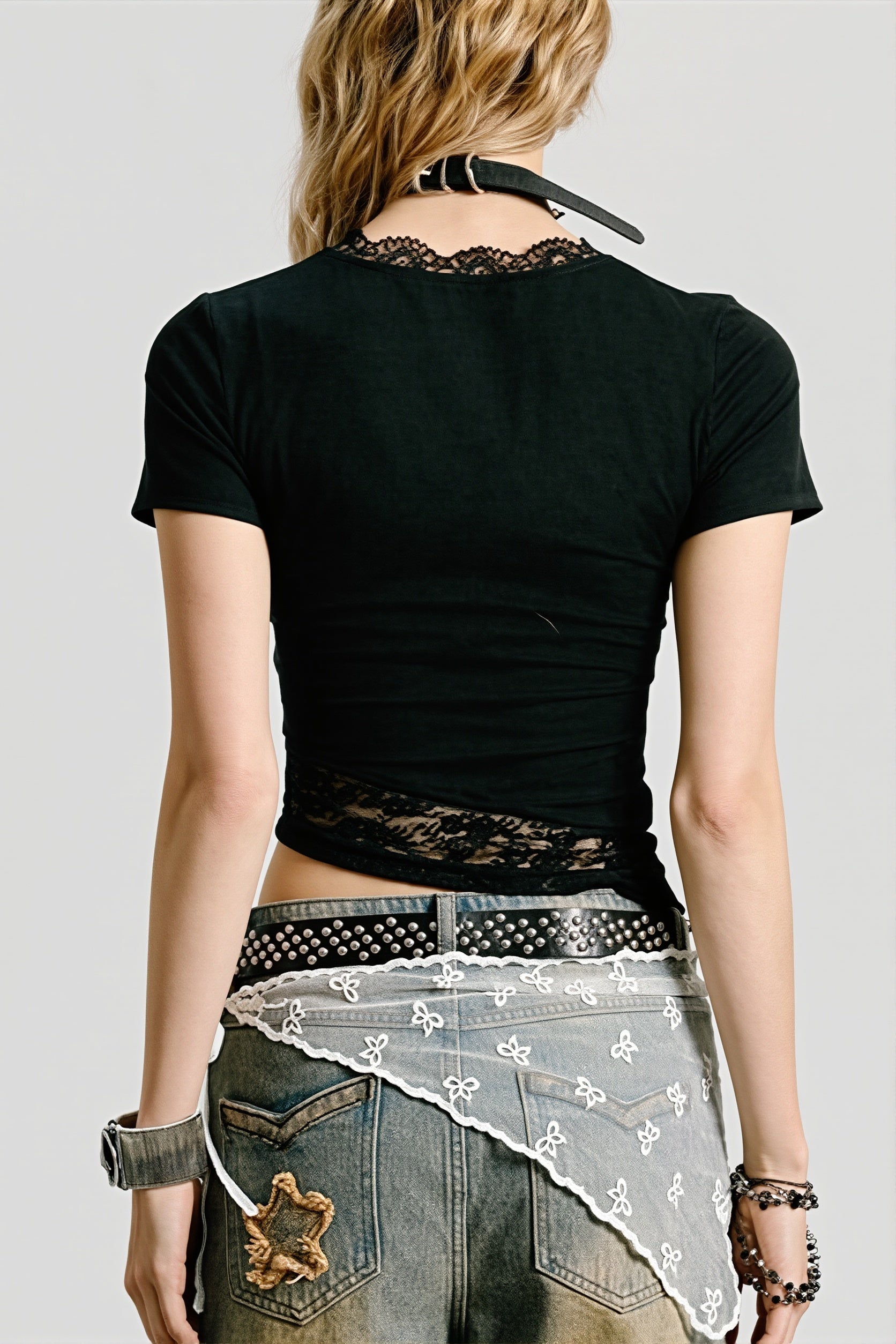 Lace Patchwork Cropped Slim T-shirt image 3