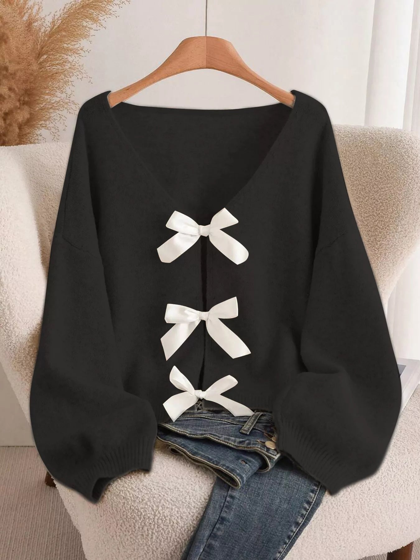 Dahlia Bow Knit Cardigan detail view styled for Avrienne