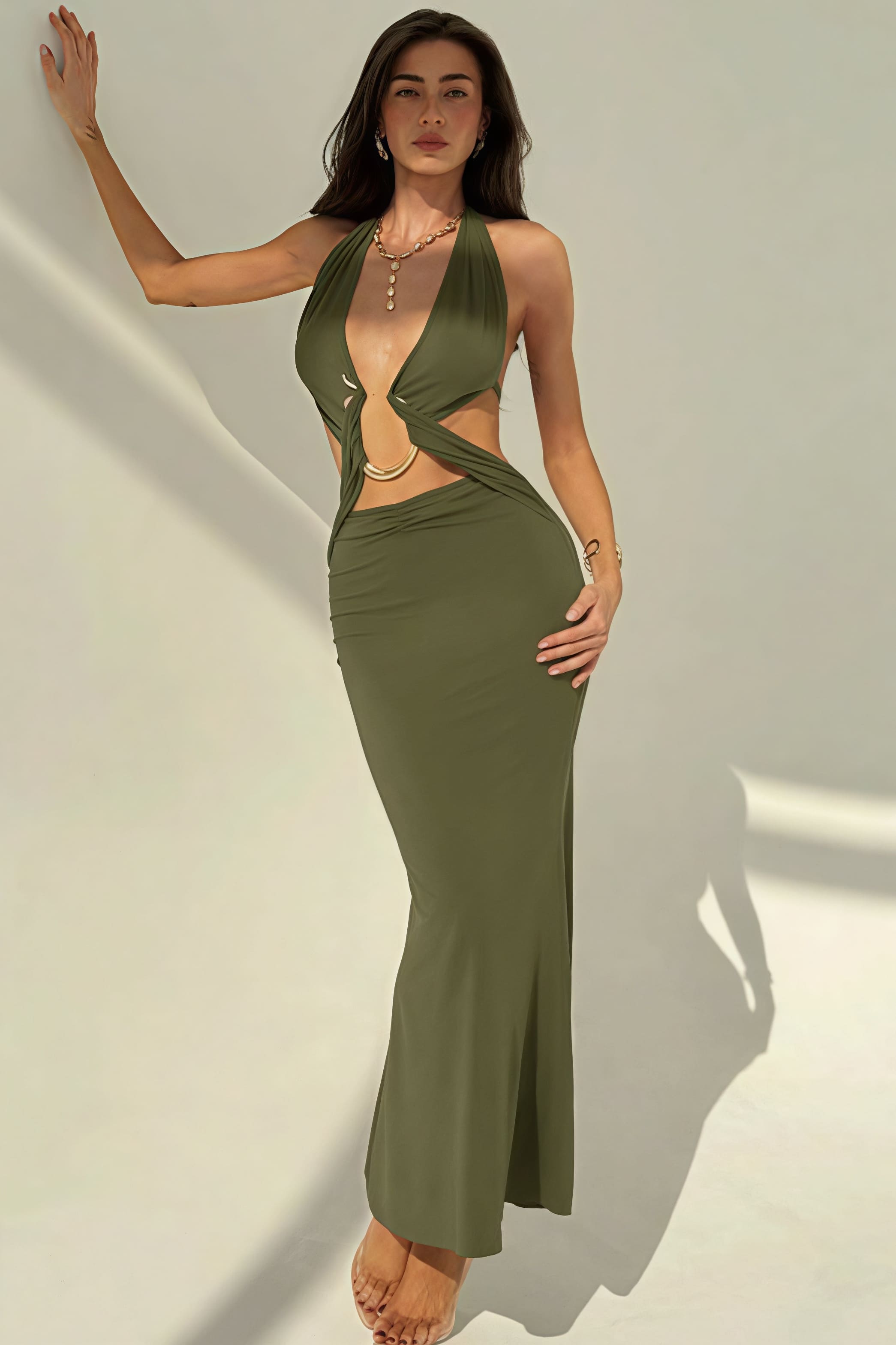 Sexy Halter Deep V Neck Backless Metal Maxi Dress image 12