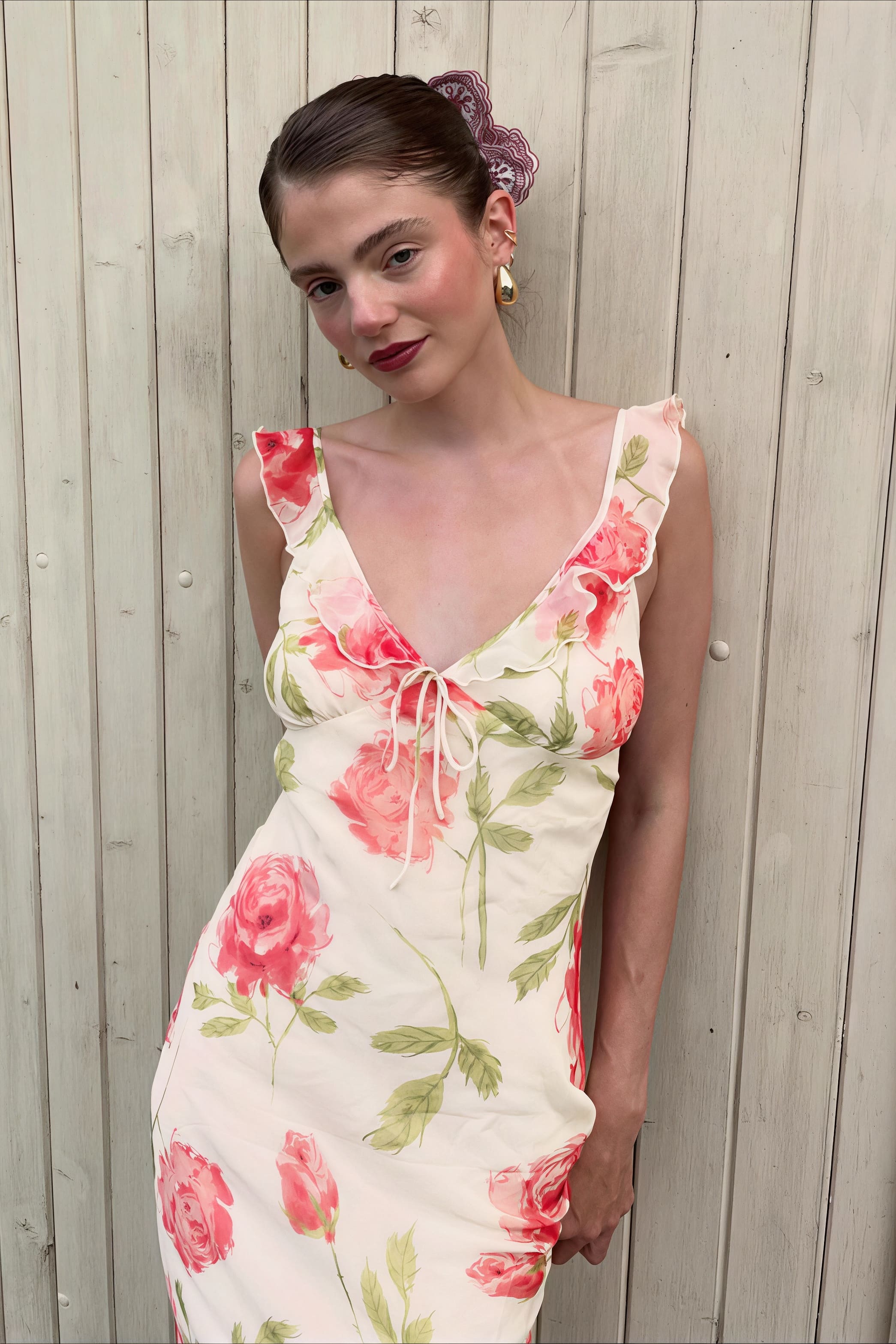 Floral Print Mesh V Neck Cami Midi Dress image 1
