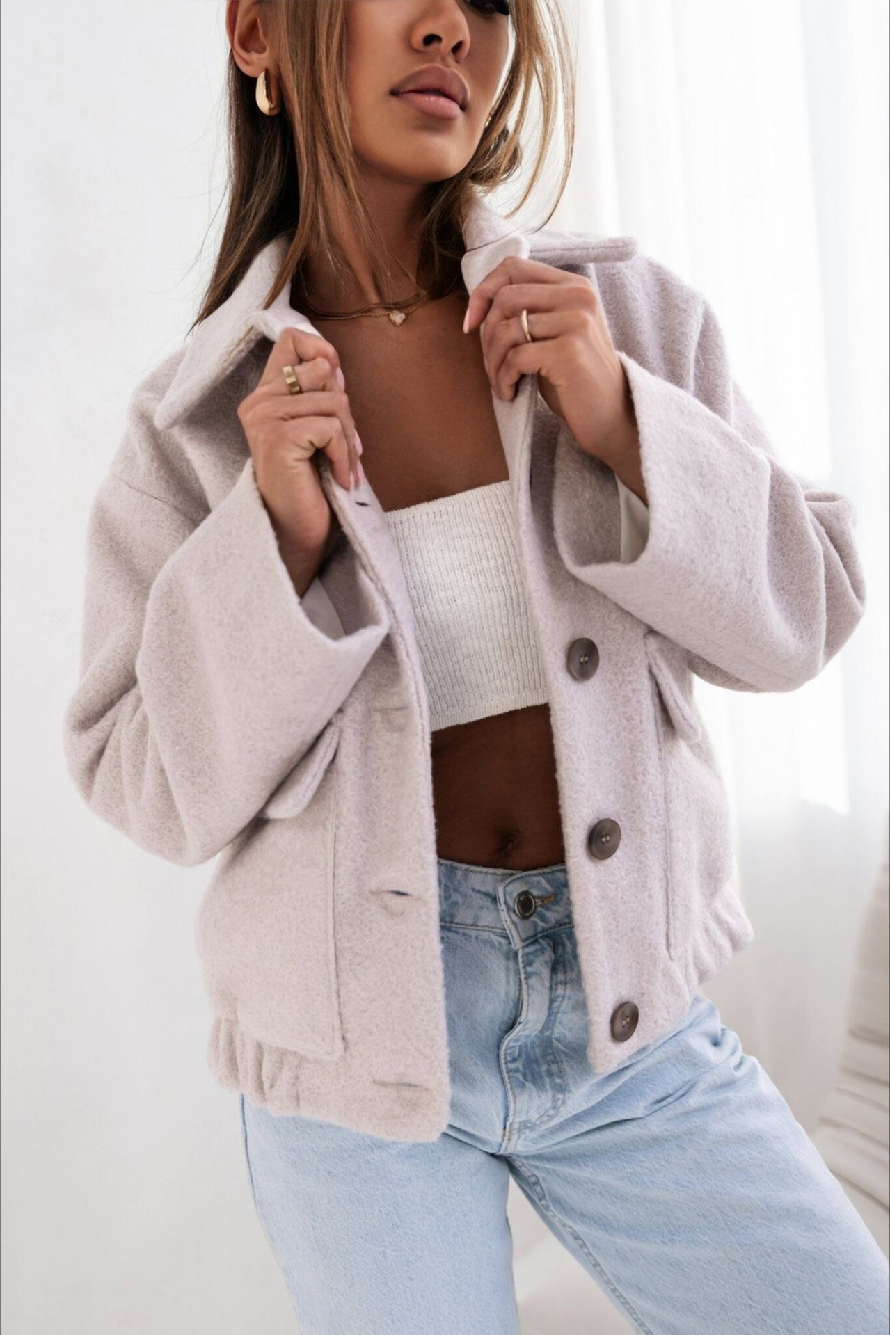 Trendy Solid Wool Pocket Elastic Snap Coat image 7