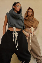 Solid Casual Wide Collar Cropped Hoodie image 3