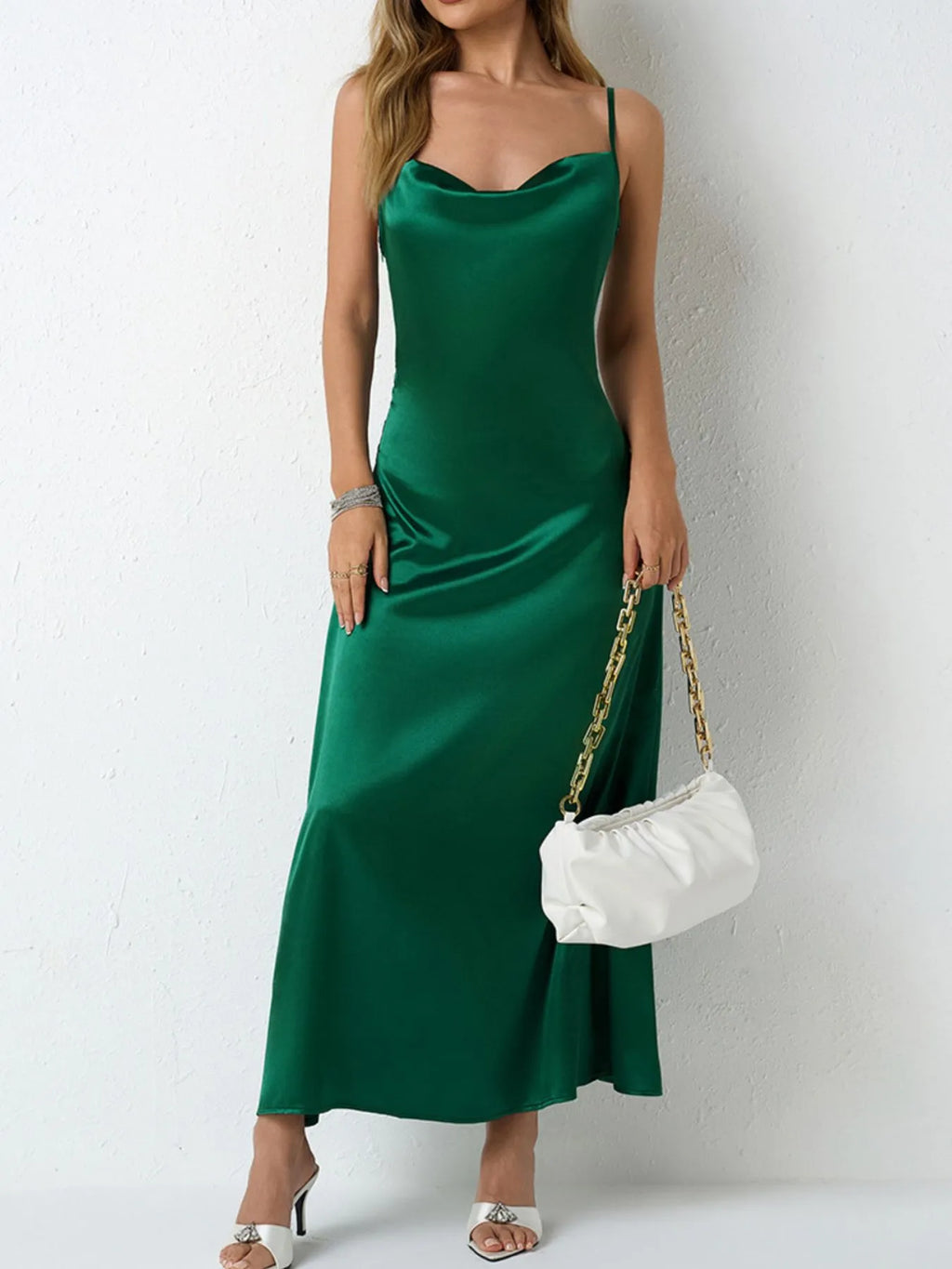 Paloma Satin Dress detail view styled for Avrienne
