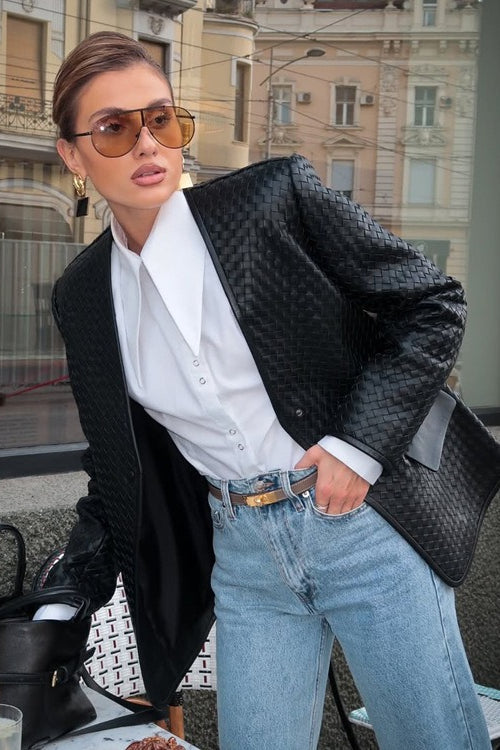 V-Neck Woven Leather Long Sleeve Jacket image 5