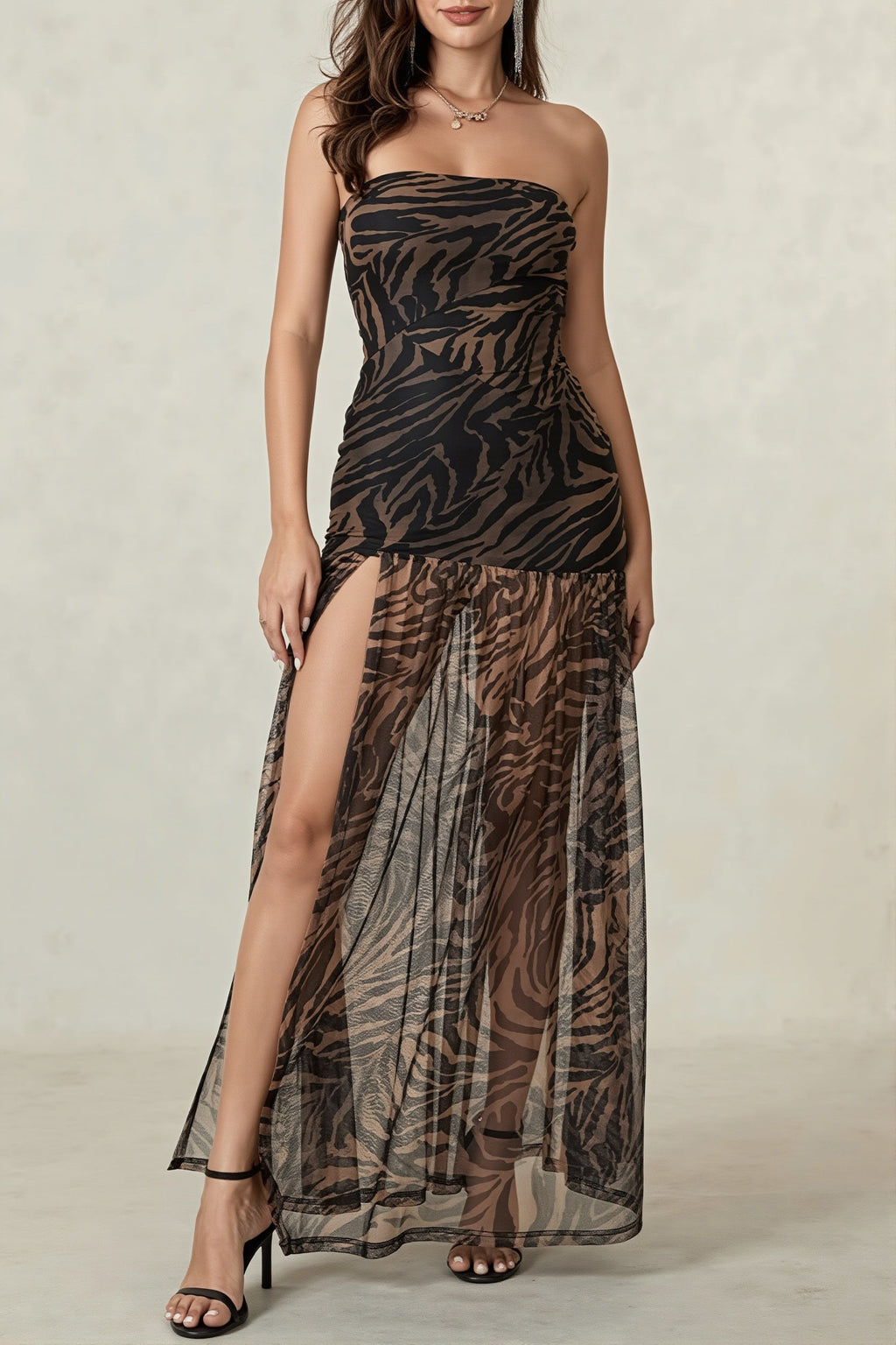 Strapless Zebra Sheer Slit Maxi Dress image 3