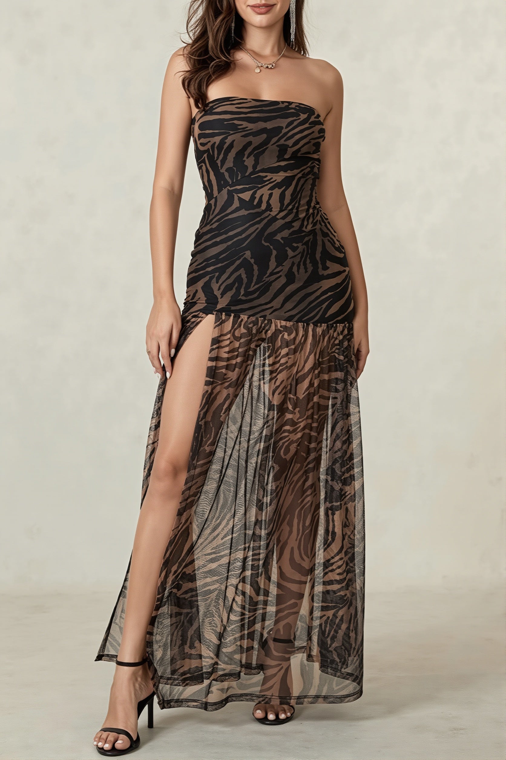 Strapless Zebra Sheer Slit Maxi Dress image 3