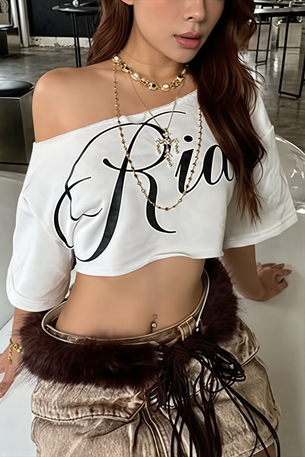 Casual Off Shoulder Cropped Print T-Shirt image 4