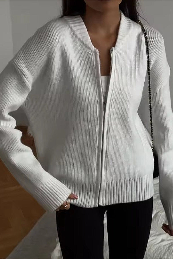 Crew-Neck Long-Sleeve Zip Solid Knit Cardigan image 5