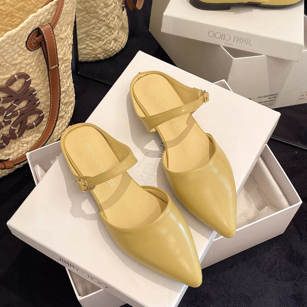 Amelie Flat Sandals detail view styled for Avrienne