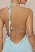 Deep V Halter Ruched Metal Trim Backless Maxi Dress image 4