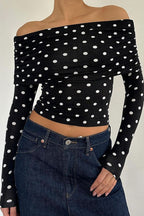 Polka Dot Color Block Off-Shoulder Crop Top image 2