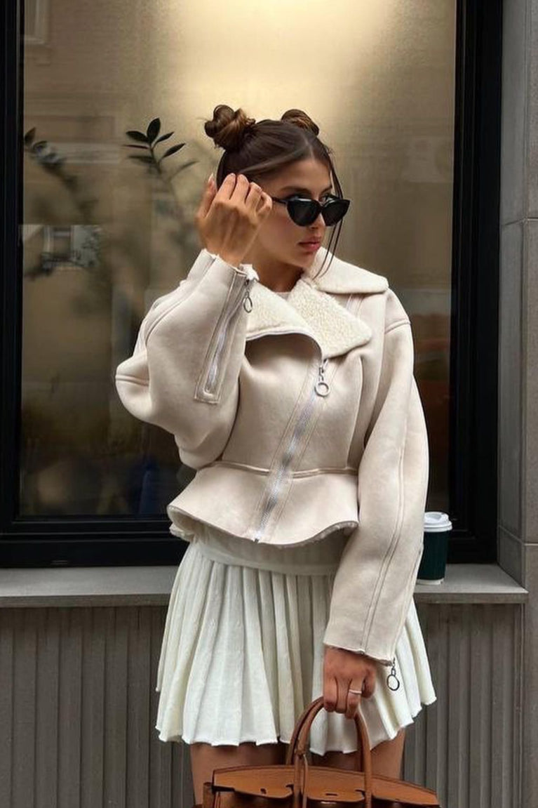 Chic Odd Zip Leather Fur Pieced Coat image 9